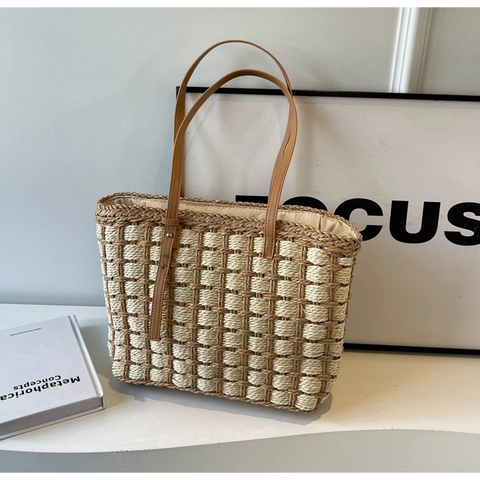 Fashion Straw Woven Tote Bag For Women Large Capacity Checkered Shoulder Bag Summer Beach Handbag Vacation Travel Purse