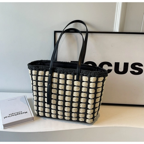 Fashion Straw Woven Tote Bag For Women Large Capacity Checkered Shoulder Bag Summer Beach Handbag Vacation Travel Purse