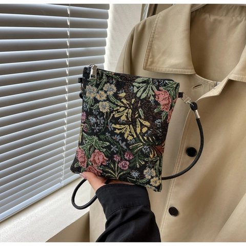 Borsa a Tracolla Vintage Jacquard Floreale da Donna Borsa a Tracolla in Tessuto con Ricamo Retro Minimalista Borsa per Cellulare
