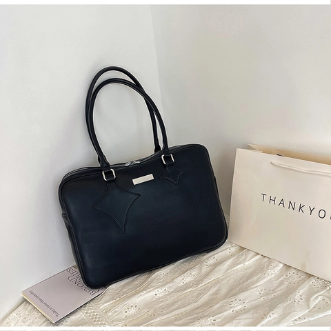 Damen Minimalistische PU Leder Schultertasche Mit Sternnähten Und Metall Dekoration Mode Pendler Große Kapazität Alltagstasche