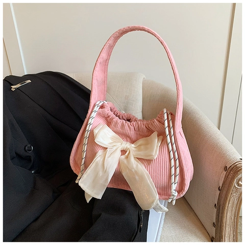 Damen Süße Cordsamt Schulterhandtasche Große Schleife Dekoration Kordelzug Vintage Lässige Unterarmtasche Koreanische Mode Tasche