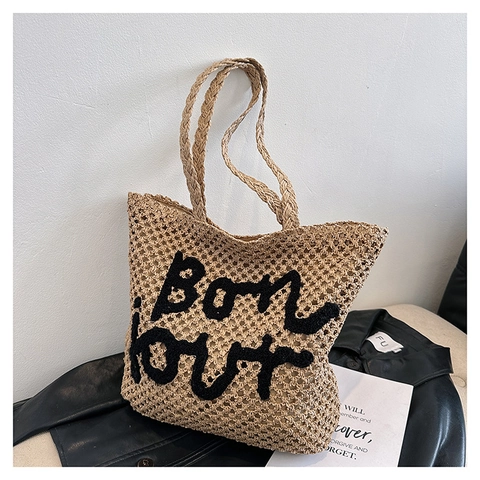 French Style Woven Straw Tote Bag For Women Large Capacity Bonjour Embroidery Summer Beach Shoulder Bag Vacation Handbag