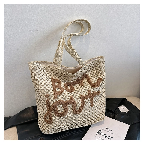 French Style Woven Straw Tote Bag For Women Large Capacity Bonjour Embroidery Summer Beach Shoulder Bag Vacation Handbag
