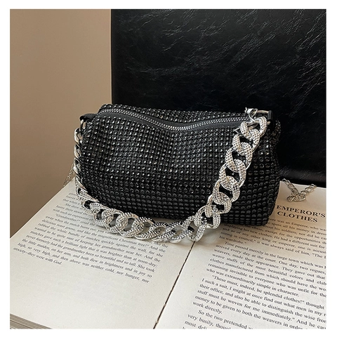 Borsa a Spalla Cilindrica con Strass Luccicanti alla Moda per Donna Pochette da Sera con Catena in Metallo Borsa Fashion