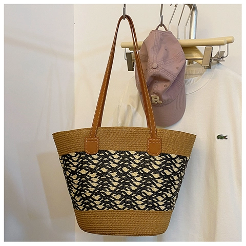 Sac Fourre-Tout en Paille Tissée de Grande Capacité Avec Bandoulière en Cuir Synthétique Rayé Plage Été Décontracté Femme