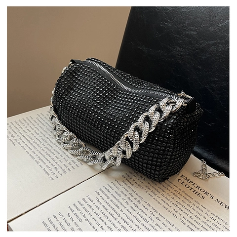 Borsa a Spalla Cilindrica con Strass Luccicanti alla Moda per Donna Pochette da Sera con Catena in Metallo Borsa Fashion