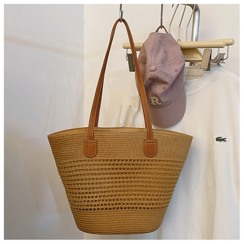 Sac Fourre-Tout en Paille Tissée de Grande Capacité Avec Bandoulière en Cuir Synthétique Rayé Plage Été Décontracté Femme