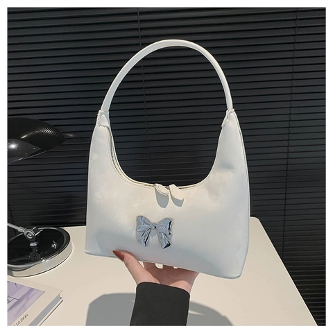 Borsa a Tracolla Hobo in Pelle PU Donna Con Fiocco in Metallo Argento Borsa Sottobraccio Minimalista Y2K Alla Moda