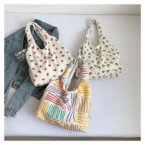 Damen Cord Einkaufstasche Erdbeere Tulpe Blumen Bedruckte Umhängetasche Lässige Canvas Handtasche Große Kapazität Tragetasche