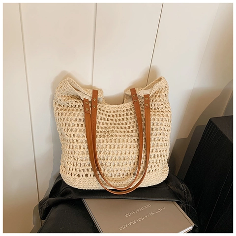 Lässige Damen Häkeln Gewebte Tragetasche Mit Kunstlederriemen Große Kapazität Ausgehöhlte Mesh-Schultertasche Für Den Sommerurlaub