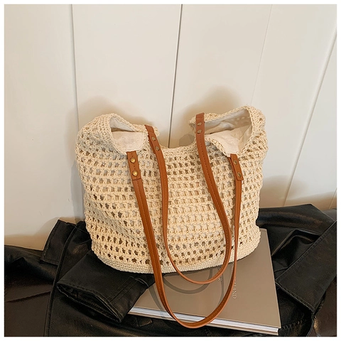 Lässige Damen Häkeln Gewebte Tragetasche Mit Kunstlederriemen Große Kapazität Ausgehöhlte Mesh-Schultertasche Für Den Sommerurlaub