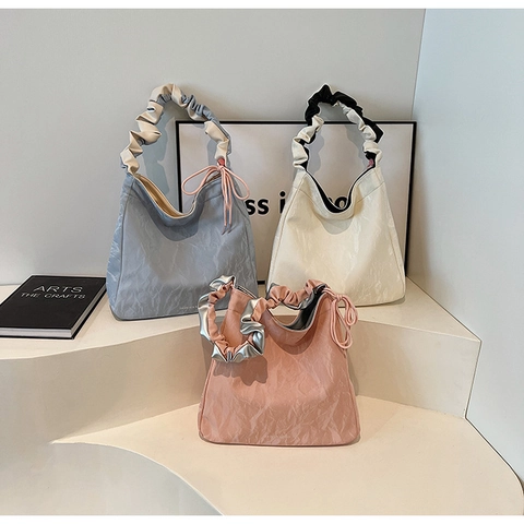 Bolso de Hombro de Cuero de PU Plisado de Moda para Mujer Bolso Tote de Gran Capacidad Con Asa Con Volantes y Decoración de Lazo