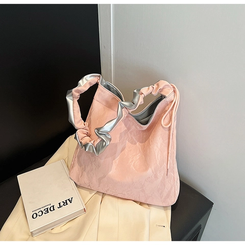 Bolso de Hombro de Cuero de PU Plisado de Moda para Mujer Bolso Tote de Gran Capacidad Con Asa Con Volantes y Decoración de Lazo