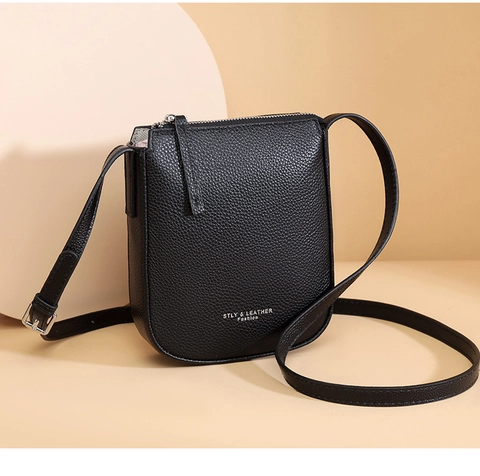 Sac Bandoulière en Cuir Véritable Grain de Litchi pour Femme Mode Minimaliste Sac à Épaule Avec Bandoulière Réglable Impression Lettres