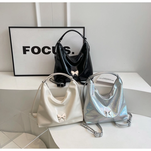 Mode PU Leer Hobo Schoudertas Voor Dames Stedelijk Eenvoudig Vlinder Sluiting Handtas Met Ketting Grote Tote Bag