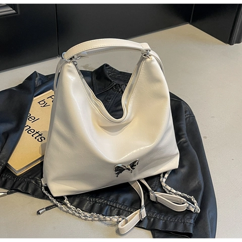 Mode PU Leer Hobo Schoudertas Voor Dames Stedelijk Eenvoudig Vlinder Sluiting Handtas Met Ketting Grote Tote Bag