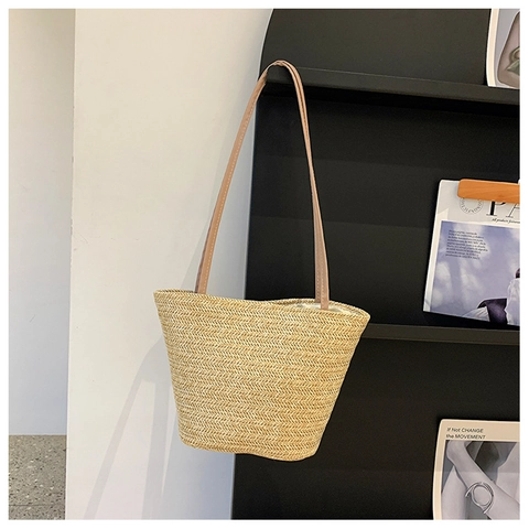 Dames Gevlochten Tote Bag Stedelijk Minimalistisch Visgraatpatroon Stro Schoudertas Grote Capaciteit Casual Strandtas Retro Handtas