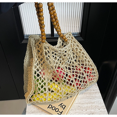 Bolso Tote de Paja Tejida Vintage para Mujer Bolso de Hombro de Malla Hueca Con Asa de Cuentas de Madera Bolso de Mano para Playa Verano