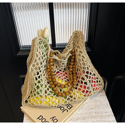 Bolso Tote de Paja Tejida Vintage para Mujer Bolso de Hombro de Malla Hueca Con Asa de Cuentas de Madera Bolso de Mano para Playa Verano