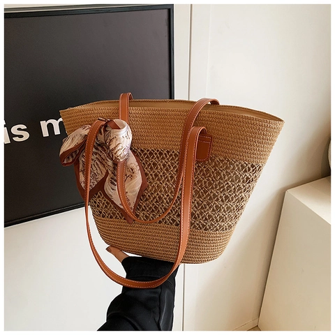 Dames Stro Tote Bag Handgeweven Opengewerkte Schoudertas Met Zijden Sjaal PU Leer Band Zomer Strand Vakantie Casual Grote Handtas