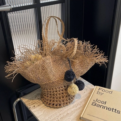 Sac à Bandoulière en Paille Tissé à la Main pour Femmes Fourre-tout Bohème à Franges avec Pompon Sac de Plage Été Grande Capacité