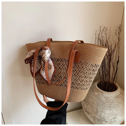Dames Stro Tote Bag Handgeweven Opengewerkte Schoudertas Met Zijden Sjaal PU Leer Band Zomer Strand Vakantie Casual Grote Handtas