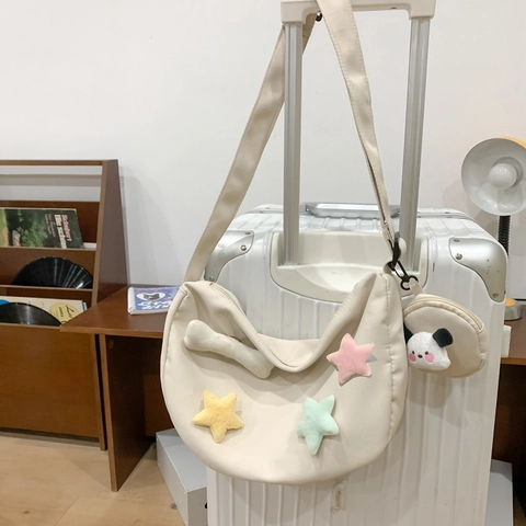 Kawaii Nylon Halbmond Schultertasche Mit Plüsch Stern Knochen Deko Abnehmbarer Cartoon Geldbörse Für Damen Casual Umhängetasche