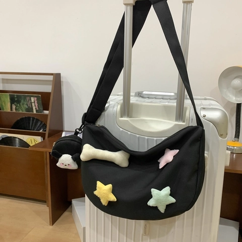 Kawaii Nylon Halbmond Schultertasche Mit Plüsch Stern Knochen Deko Abnehmbarer Cartoon Geldbörse Für Damen Casual Umhängetasche