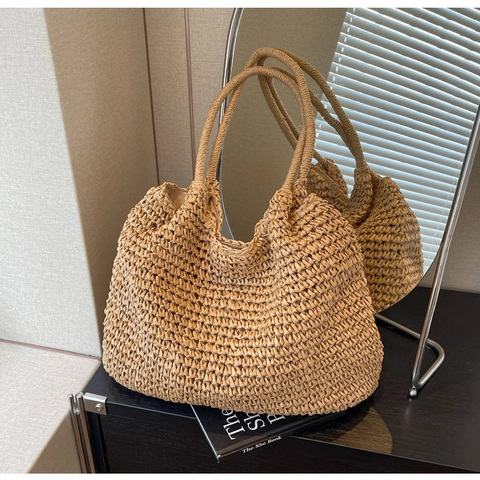 Hand Woven Straw Tote Bag Large Capacity Minimalist Crochet Shoulder Bag Vacation Casual Beach Handbag For Women