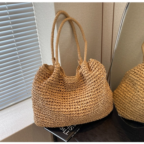 Hand Woven Straw Tote Bag Large Capacity Minimalist Crochet Shoulder Bag Vacation Casual Beach Handbag For Women