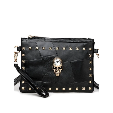 Sac à Épaule Punk Vintage Femmes Avec Crâne Strass Rivets PU Cuir Patchwork Sac Messager Petite Pochette Carrée