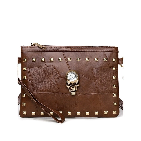 Sac à Épaule Punk Vintage Femmes Avec Crâne Strass Rivets PU Cuir Patchwork Sac Messager Petite Pochette Carrée