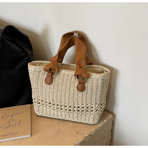 Damen Mode Stroh Gewebte Handtasche Minimalistisch Französischer Stil Urlaub Strand Schulter Tote Bag Mit PU Leder Griff Hohl Design