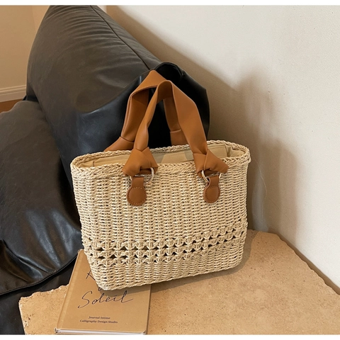 Damen Mode Stroh Gewebte Handtasche Minimalistisch Französischer Stil Urlaub Strand Schulter Tote Bag Mit PU Leder Griff Hohl Design
