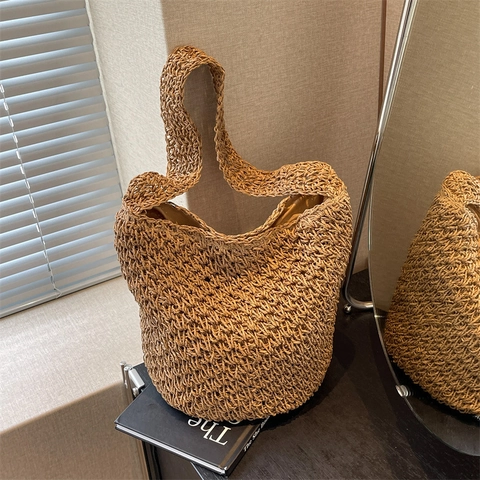 Sommer Retro Stroh Gewebt Beuteltasche Große Kapazität Mode PU Schultertasche Handgemachte Lässige Strand Urlaub Handtasche