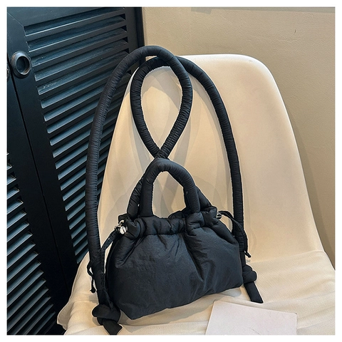 Women Quilted Puffy Shoulder Bag Casual Polyester Cloud Crossbody Bag Ruched Drawstring Knotted Strap Urban Minimalist Fashion Commuter Purse