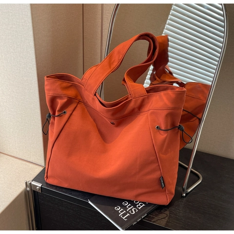 Women Large Capacity Canvas Tote Bag Minimalist Shoulder Handbag With Side Drawstring Casual Solid Color Travel Work Bag