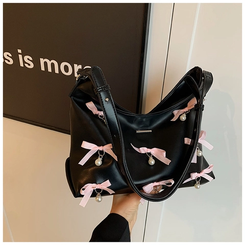 Bolso de Hombro Dulce para Mujer de Cuero PU Con Lazo de Cinta Rosa y Amuletos de Perlas Artificiales Bolso Hobo Versátil