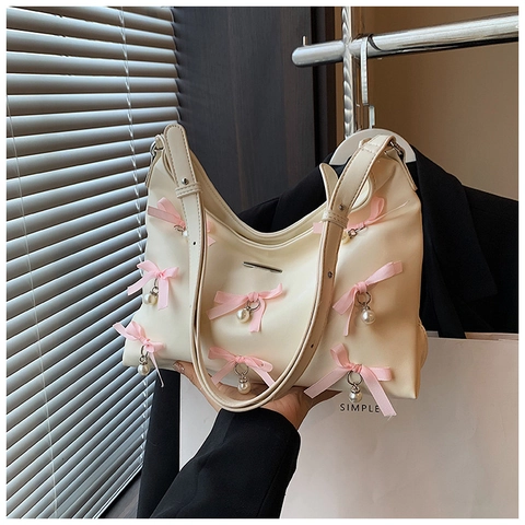 Bolso de Hombro Dulce para Mujer de Cuero PU Con Lazo de Cinta Rosa y Amuletos de Perlas Artificiales Bolso Hobo Versátil