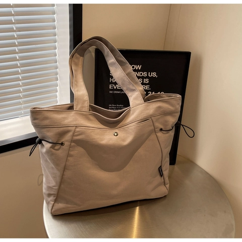 Women Large Capacity Canvas Tote Bag Minimalist Shoulder Handbag With Side Drawstring Casual Solid Color Travel Work Bag