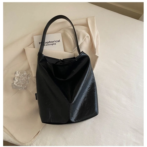 Bolso Tote de Cuero PU Minimalista de Gran Capacidad para Mujer Bolso de Hombro con Textura Arrugada y Lazo Bolso de Moda Urbana