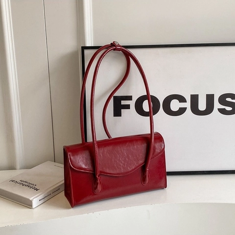 Women Minimalist PU Leather Underarm Bag Glossy Solid Color Shoulder Bag Urban Style Office Party Handbag With Thin Straps