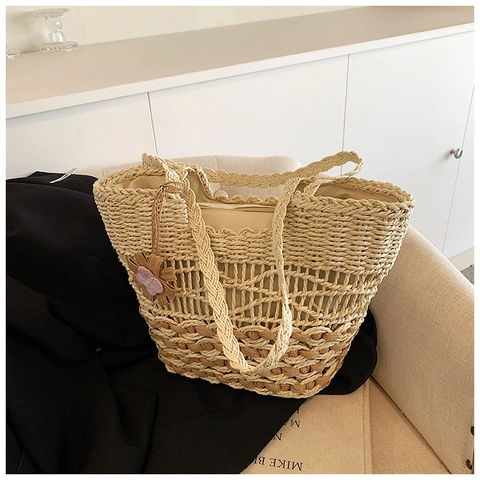 Sac à Bandoulière en Paille pour Femmes Patchwork Ajouré Sac Fourre-tout Grande Capacité Sac à Main de Plage Avec Fleur