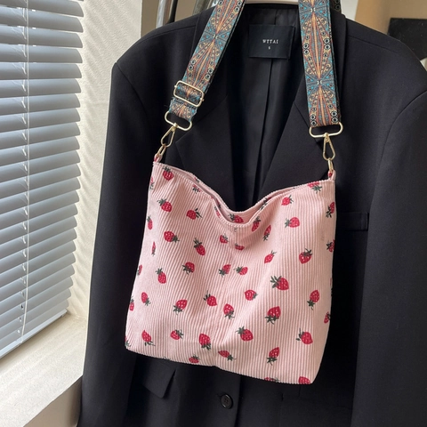 Vintage Corduroy Strawberry Print Shoulder Bag For Women Fashion Ethnic Wide Strap Tote Bucket Bag Casual Crossbody Purse