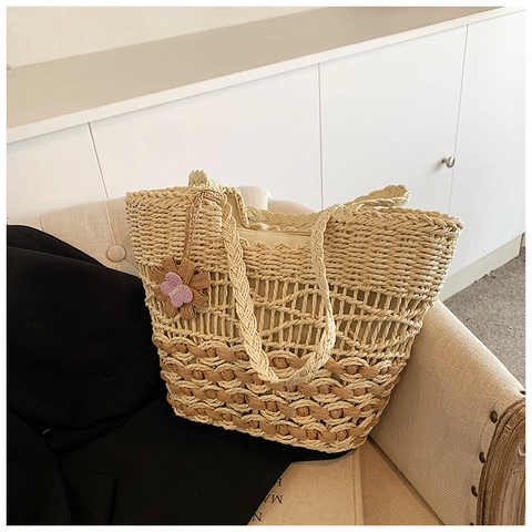Sac à Bandoulière en Paille pour Femmes Patchwork Ajouré Sac Fourre-tout Grande Capacité Sac à Main de Plage Avec Fleur