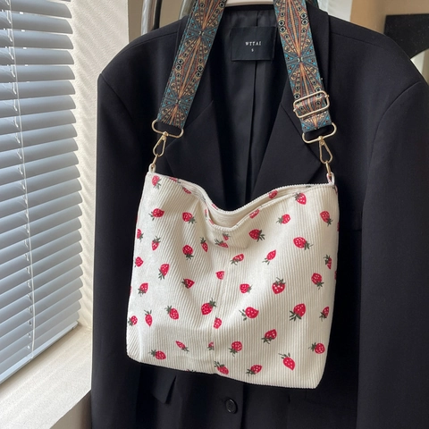 Vintage Corduroy Strawberry Print Shoulder Bag For Women Fashion Ethnic Wide Strap Tote Bucket Bag Casual Crossbody Purse
