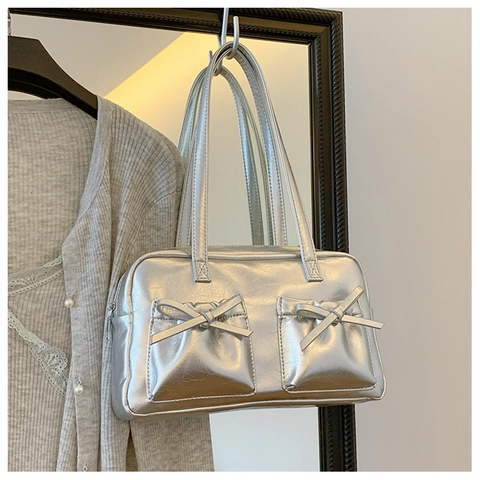 Sac à Épaule en Cuir PU pour Femmes Texture Métallique Plissée Avec Nœuds Sac à Main Simple Versatile Pour Usage Quotidien