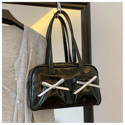 Sac à Épaule en Cuir PU pour Femmes Texture Métallique Plissée Avec Nœuds Sac à Main Simple Versatile Pour Usage Quotidien