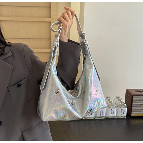 Mode Schmetterling PU Leder Hobo Schultertasche Für Damen Metallisch Gefaltete Halbmond Umhängetasche Mit Verstellbarem Gurt