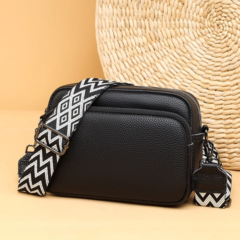 Genuine Leather Crossbody Bag For Women Litchi Grain Cowhide Shoulder Bag With Wide Geometric Strap Double Zipper Camera Bag Fashion Square Small Handbag